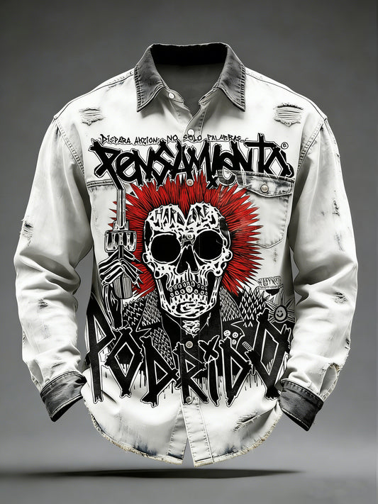 Męska koszula kieszonkowa z długim rękawem w stylu retro punk z nadrukiem