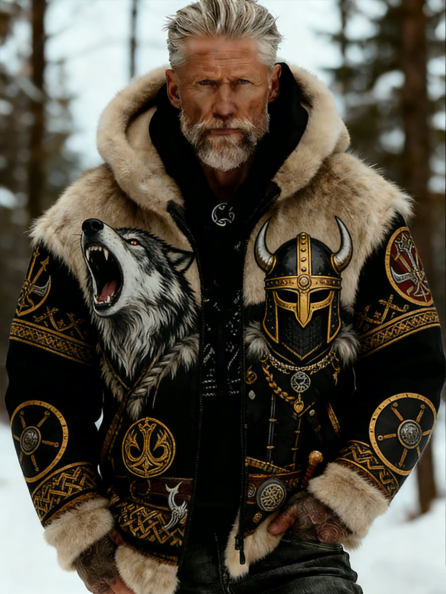 Męskie Retro Viking Wolf Totem Flanelowa ciepła bluza z kapturem w stylu celtyckim