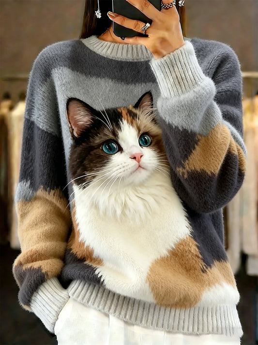 Damski sweter w stylu vintage z nadrukiem zwierzęcym Comfort