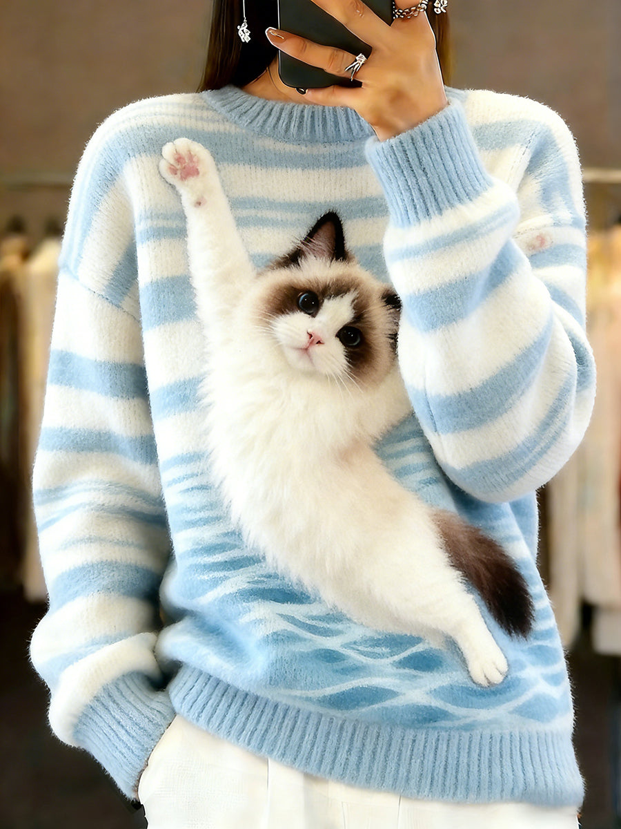 Damski sweter w stylu vintage z nadrukiem zwierzęcym Comfort