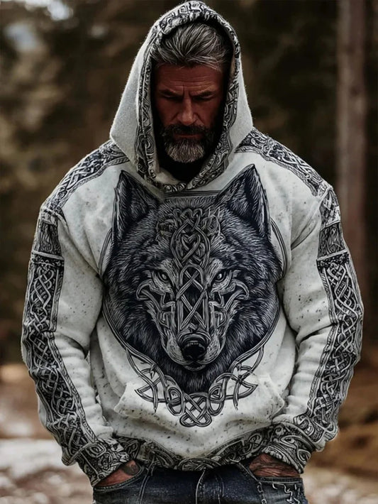 Męska Vintage Viking Celtic Knot Wolf Print Gradient Bluza z kapturem