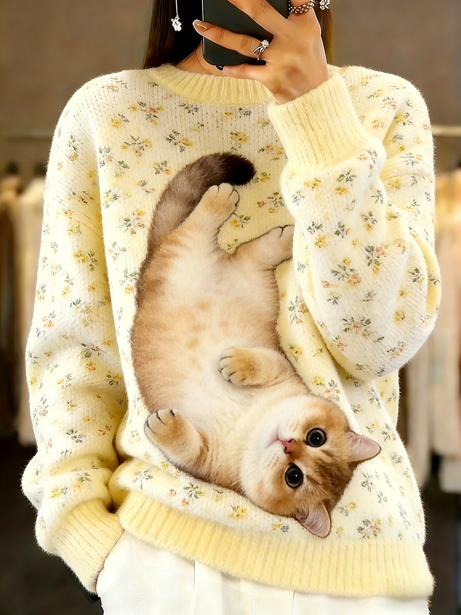 Damski sweter w stylu vintage z nadrukiem zwierzęcym Comfort