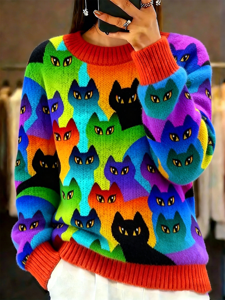 Damski sweter w stylu vintage z nadrukiem zwierzęcym Comfort