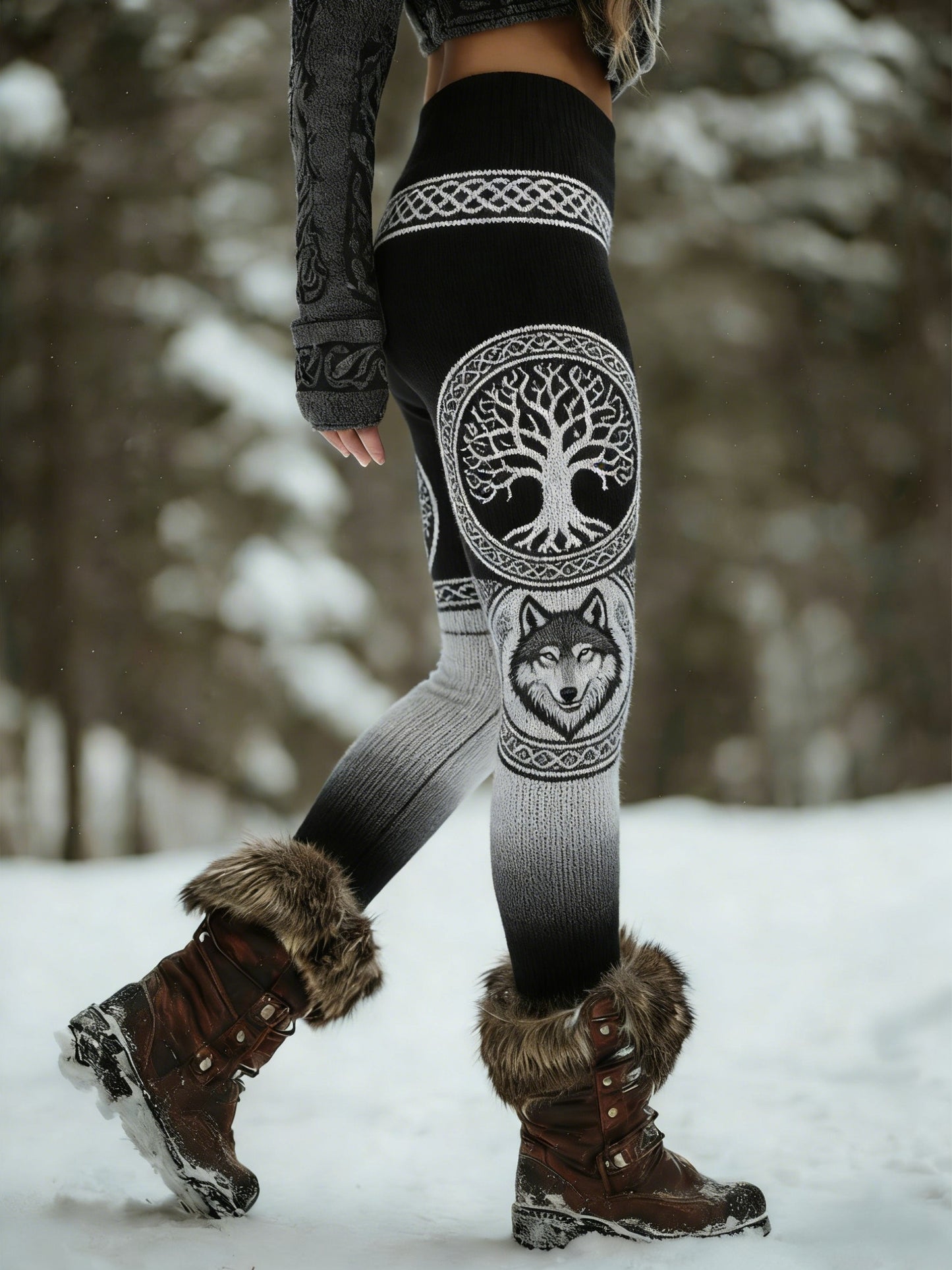 Damskie Retro Viking Wolf Celtic Knot Drzewo Życia Gradient Sportowe Stretch Legginsy