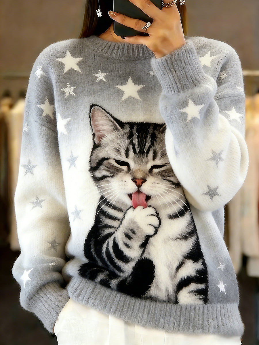 Damski sweter w stylu vintage z nadrukiem zwierzęcym Comfort