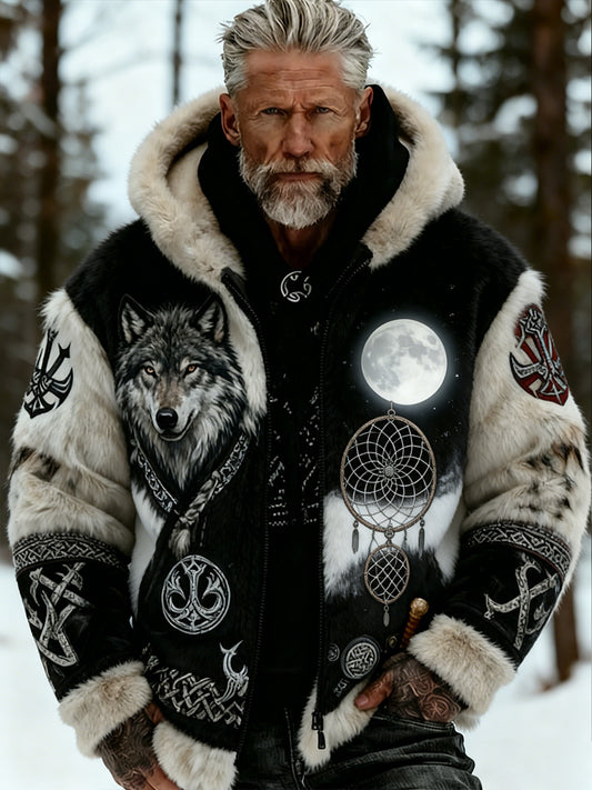 Męskie Retro Viking Wolf Totem Flanelowa ciepła bluza z kapturem w stylu celtyckim