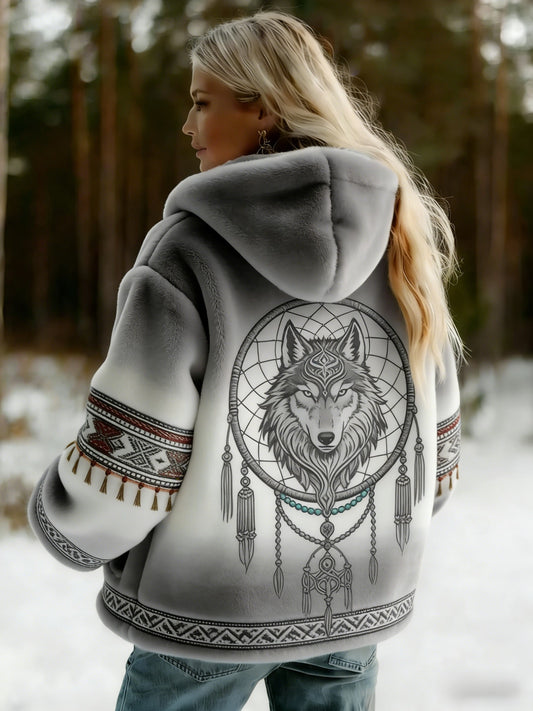 Damski Vintage Viking Celtic Knot Wolf Print Gradient Flanela Kurtka