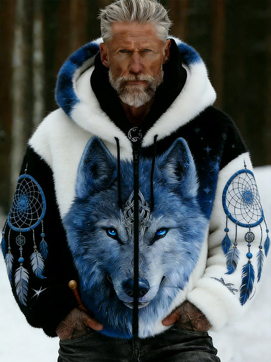 Męskie Retro Viking Wolf Totem Flanelowa ciepła bluza z kapturem w stylu celtyckim