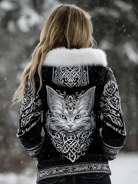 Damska kurtka z kapturem typu retro Viking celtic knot cat zip-up