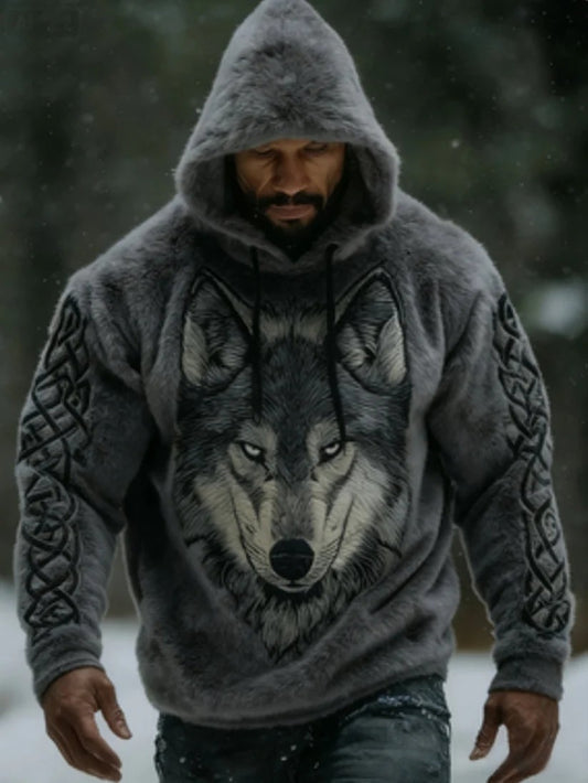 Męskie Retro Viking Nordic Wolf Flanela Bluza z kapturem