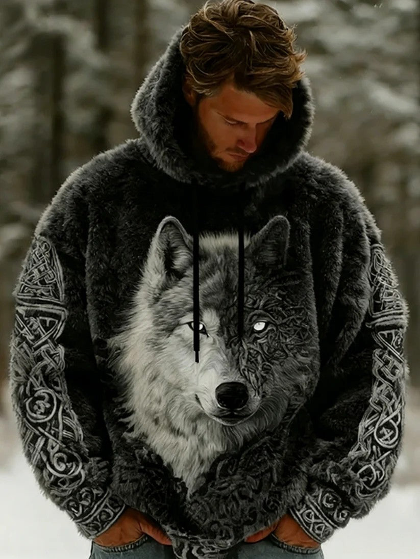 Męskie Retro Viking Nordic Wolf Flanela Bluza z kapturem