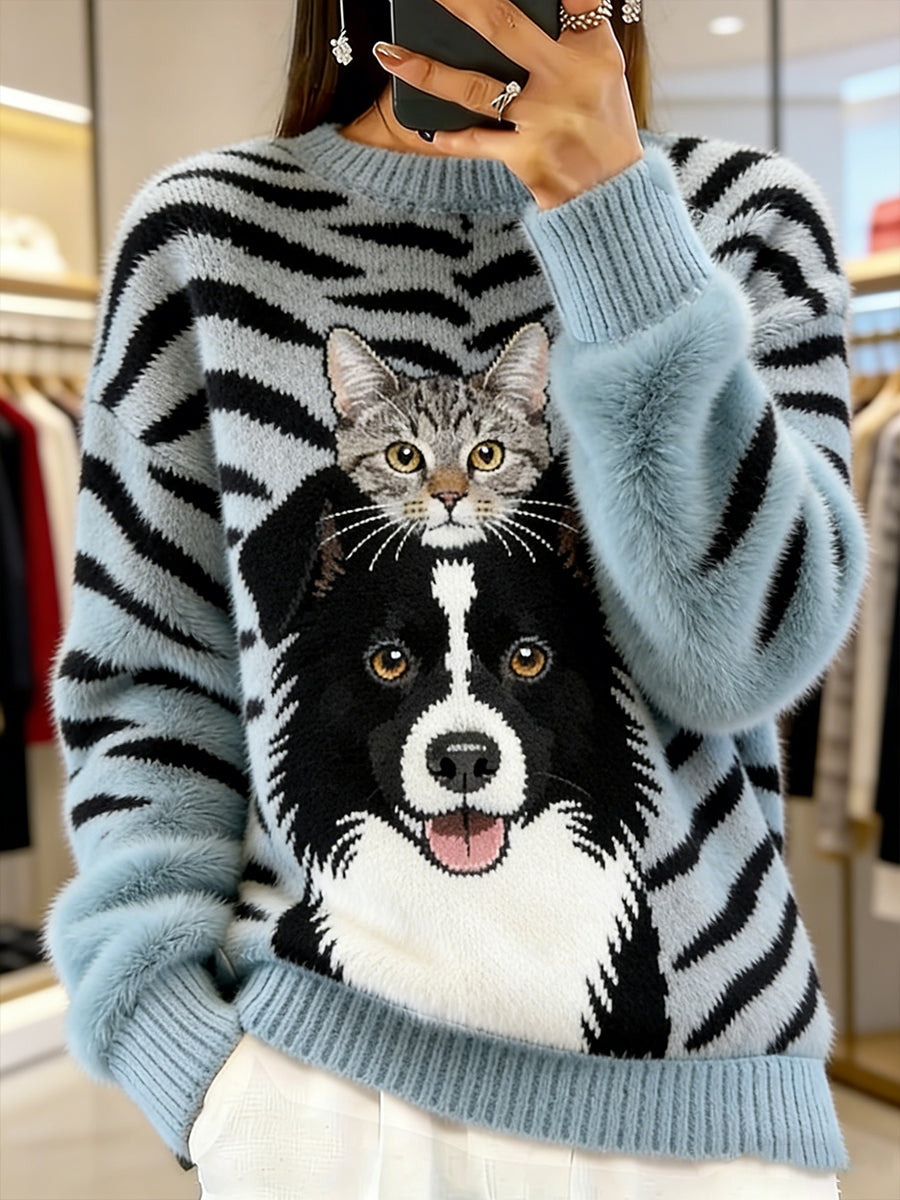 Damski sweter w stylu vintage z nadrukiem zwierzęcym Comfort
