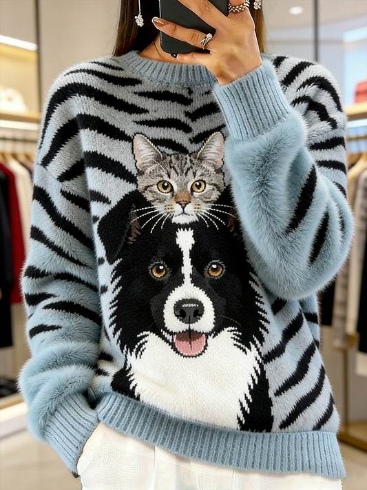 Damski sweter w stylu vintage z nadrukiem zwierzęcym Comfort