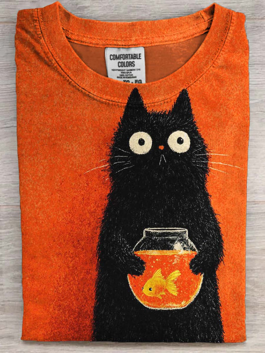 Abstrakcyjny czarny kot Goldfish Print Casual Koszulka z krótkim rękawem