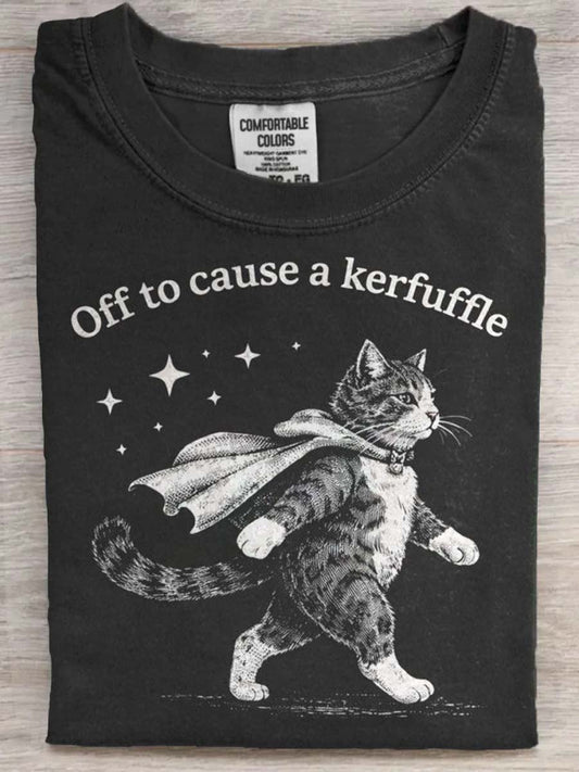 Mischievous Cat Print Casual Koszulka z krótkim rękawem