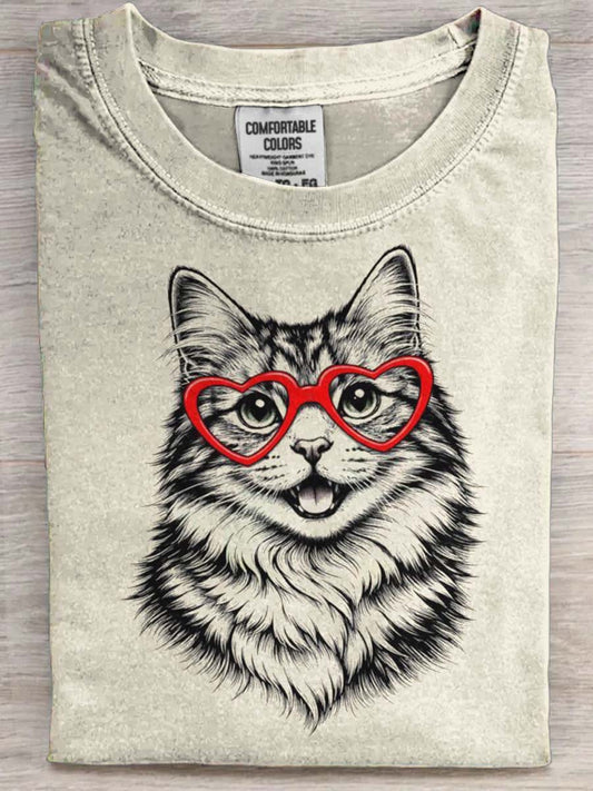 Okulary w kształcie serca Cat Print Casual Koszulka z krótkim rękawem