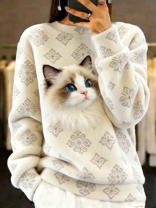 Damski sweter w stylu vintage z nadrukiem zwierzęcym Comfort