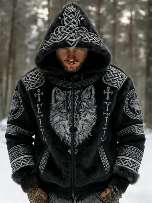 Męskie Retro Viking Wolf Totem Flanelowa ciepła bluza z kapturem w stylu celtyckim