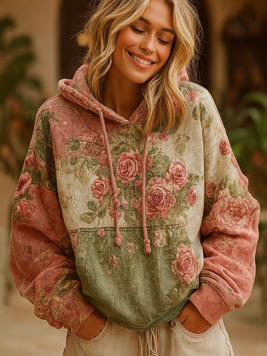 Damska bluza z kapturem w stylu vintage Bohemian Patchwork w kwiaty