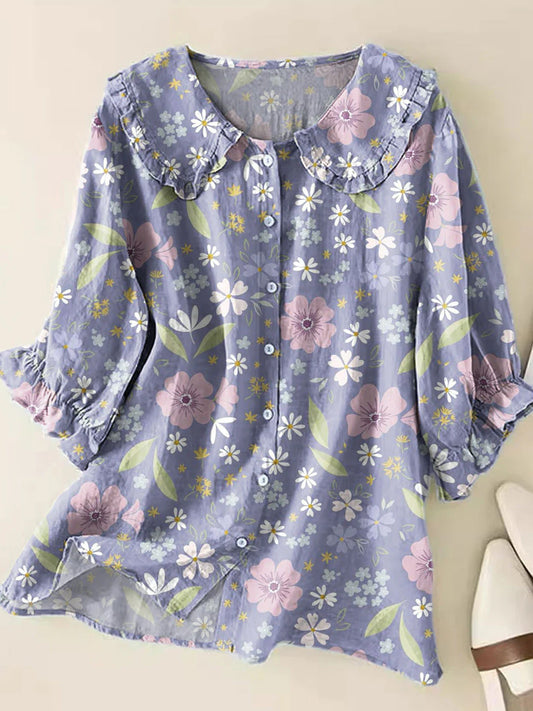 Retro Boho kwiatowy wzór z nadrukiem Vintage falbany okrągły dekolt guzik koszula z krótkim rękawem