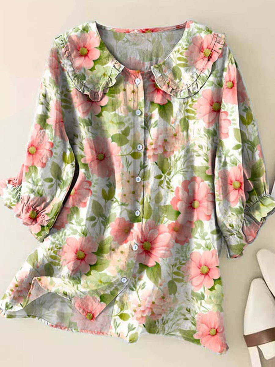 Retro Boho kwiatowy wzór z nadrukiem Vintage falbany okrągły dekolt guzik koszula z krótkim rękawem