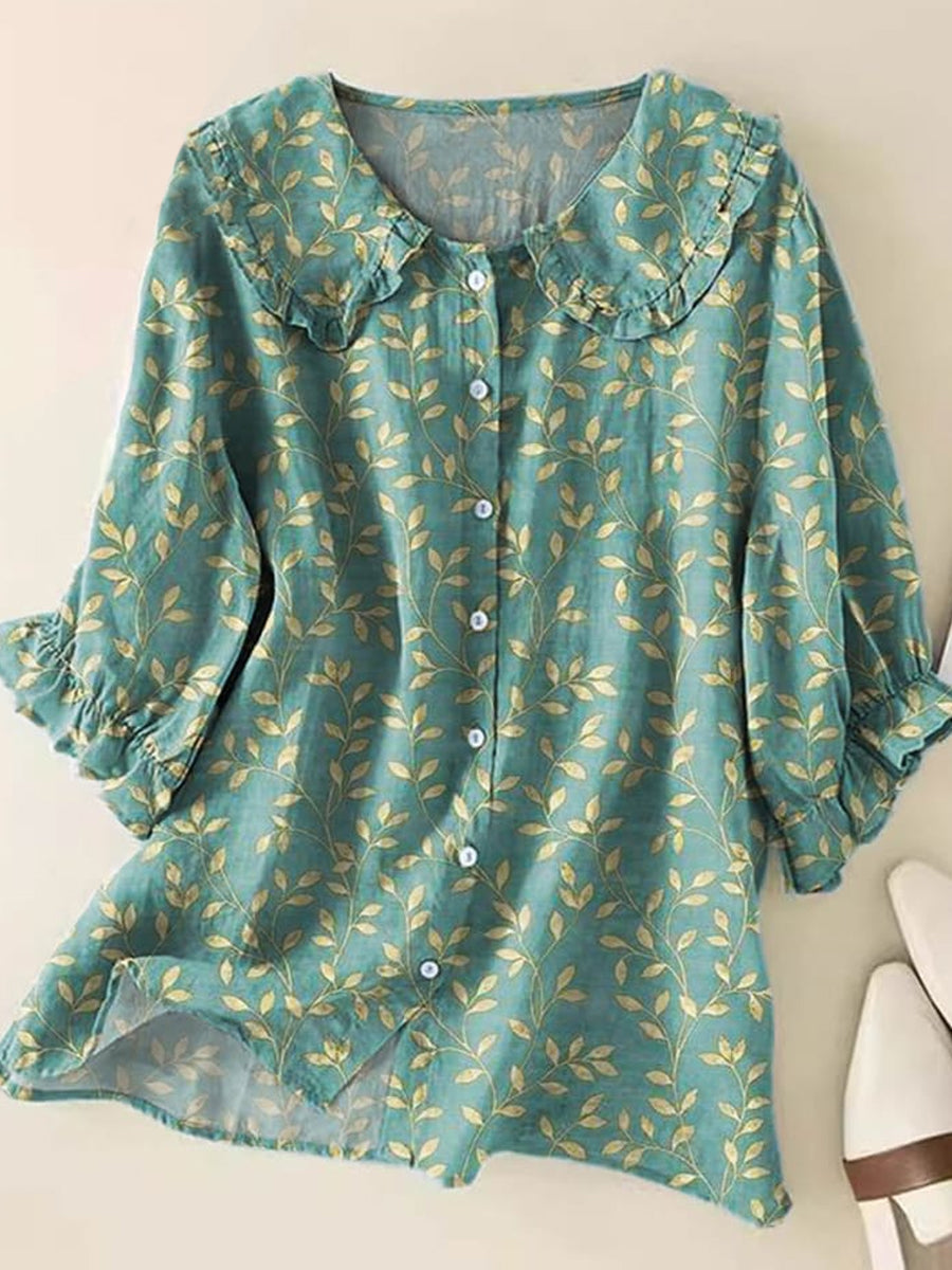 Retro Boho kwiatowy wzór z nadrukiem Vintage falbany okrągły dekolt guzik koszula z krótkim rękawem