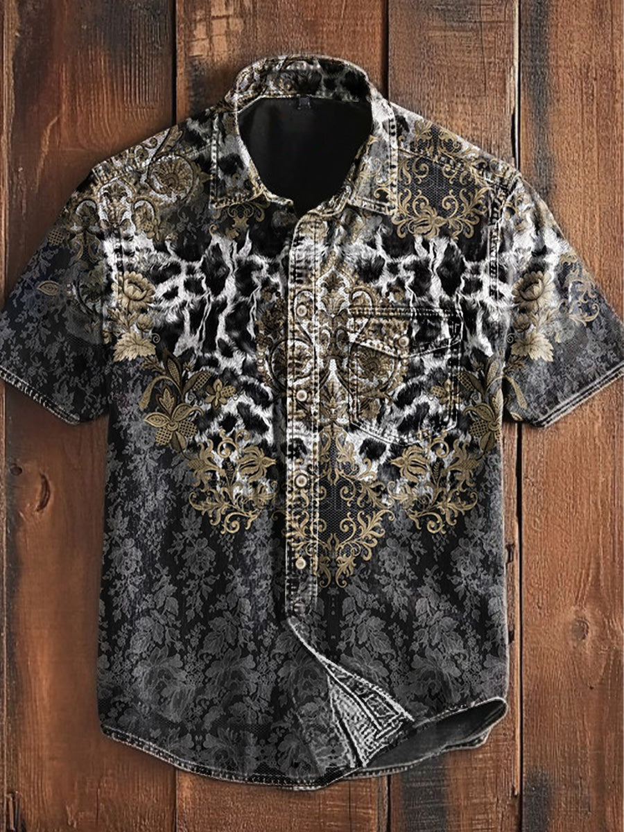Męskie Unisex Vintage Gothic Punk Leopard w stylu kwiatowym Abstrakcyjny nadruk Nieformalna koszula kieszonkowa z krótkim rękawem