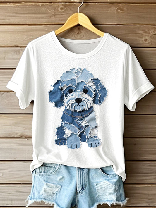 Damski uroczy pies jeansowy patchwork Art T-Shirt