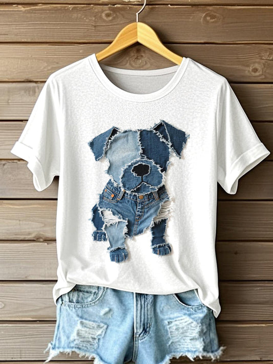 Damski wzór psa dżinsowa koszulka Patchwork Art