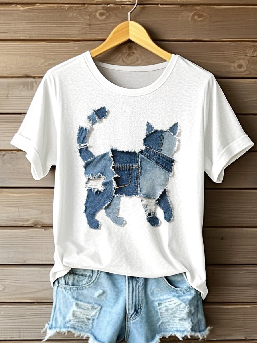 Damska koszulka z motywem patchworku w stylu cute cat