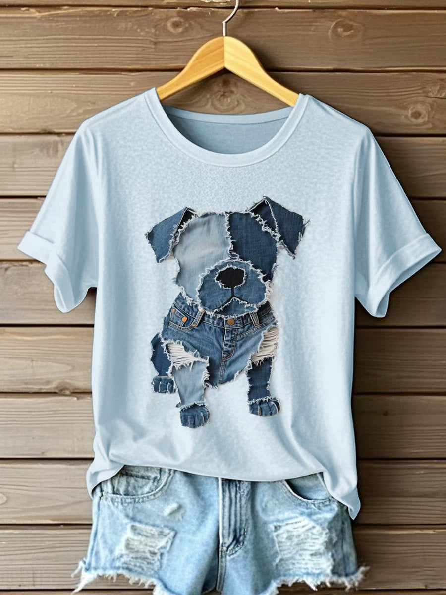 Damski wzór psa dżinsowa koszulka Patchwork Art