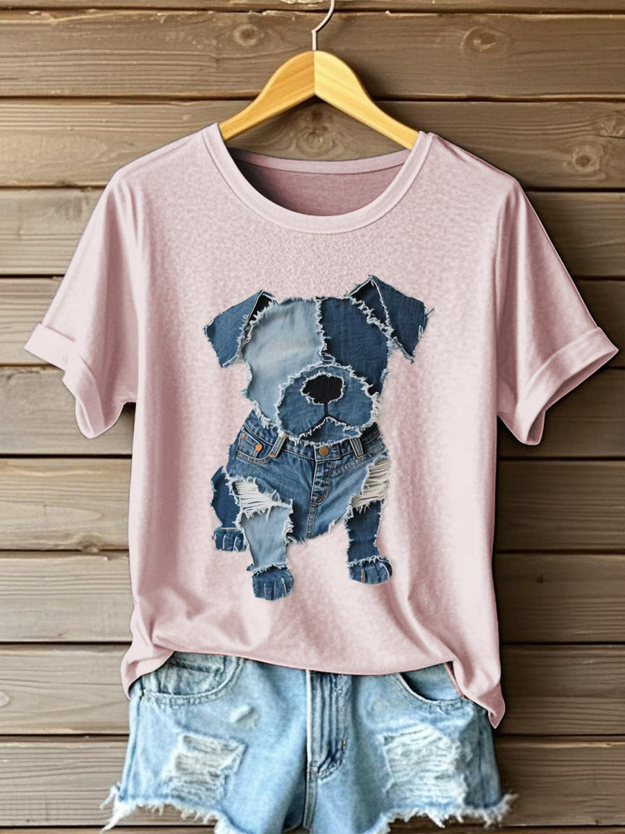 Damski wzór psa dżinsowa koszulka Patchwork Art