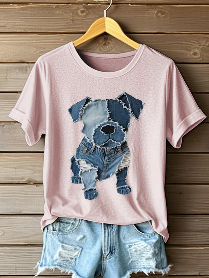 Damski wzór psa dżinsowa koszulka Patchwork Art
