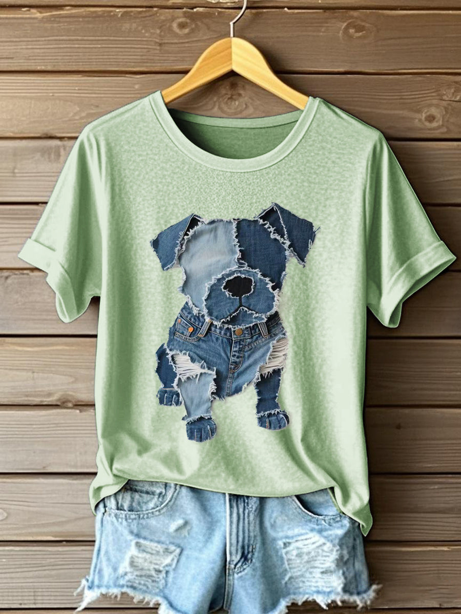 Damski wzór psa dżinsowa koszulka Patchwork Art