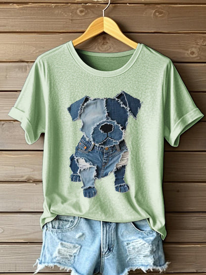 Damski wzór psa dżinsowa koszulka Patchwork Art