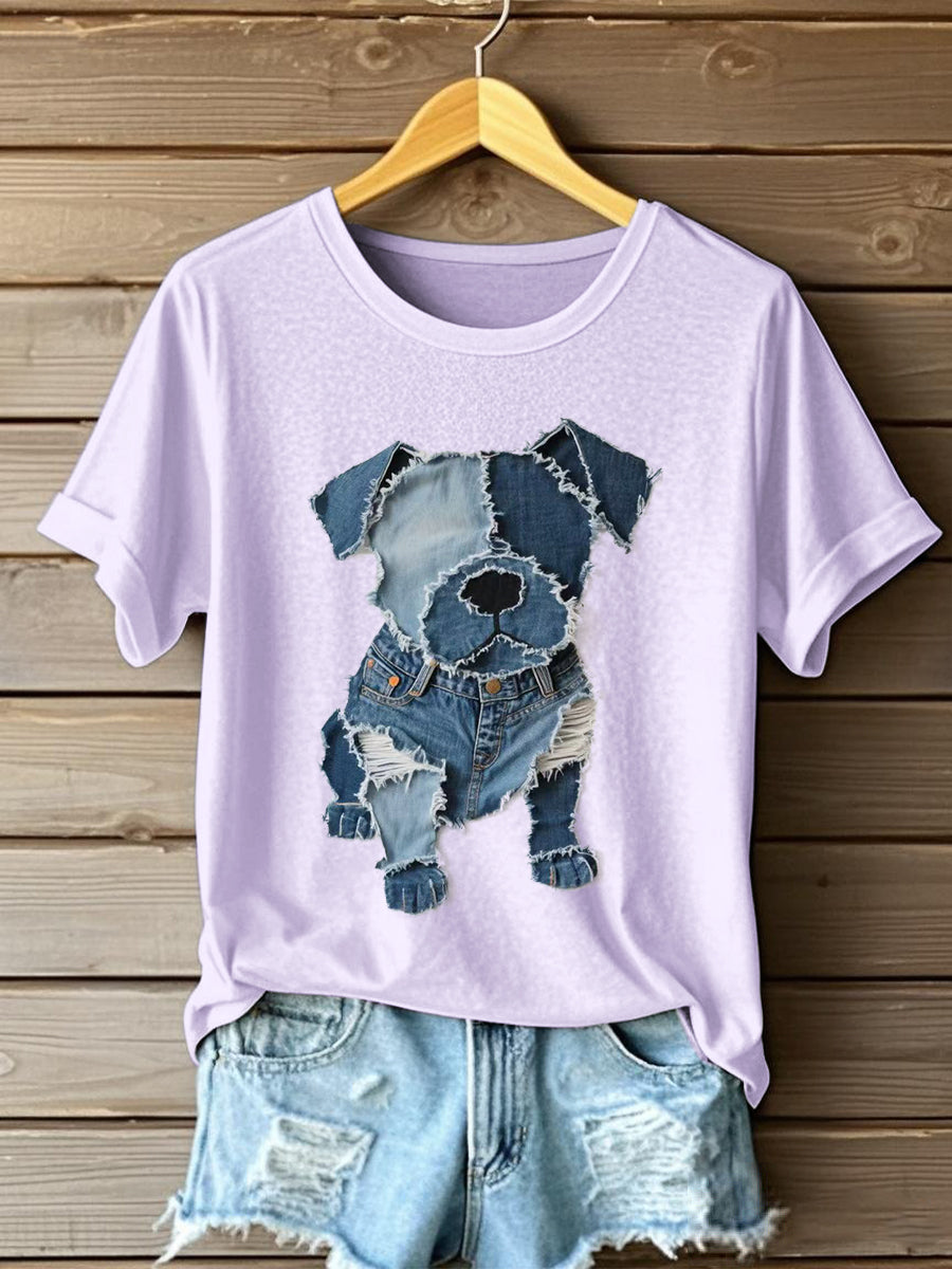 Damski wzór psa dżinsowa koszulka Patchwork Art