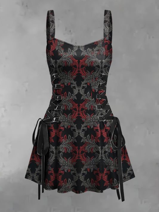 Damski Vintage Punk Gotycki Kwiatowy Kolorowa Abstrakcyjna Sztuka Nadruk Z Paskiem Bez Rękawów Bez Rękawów Mini Sukienka