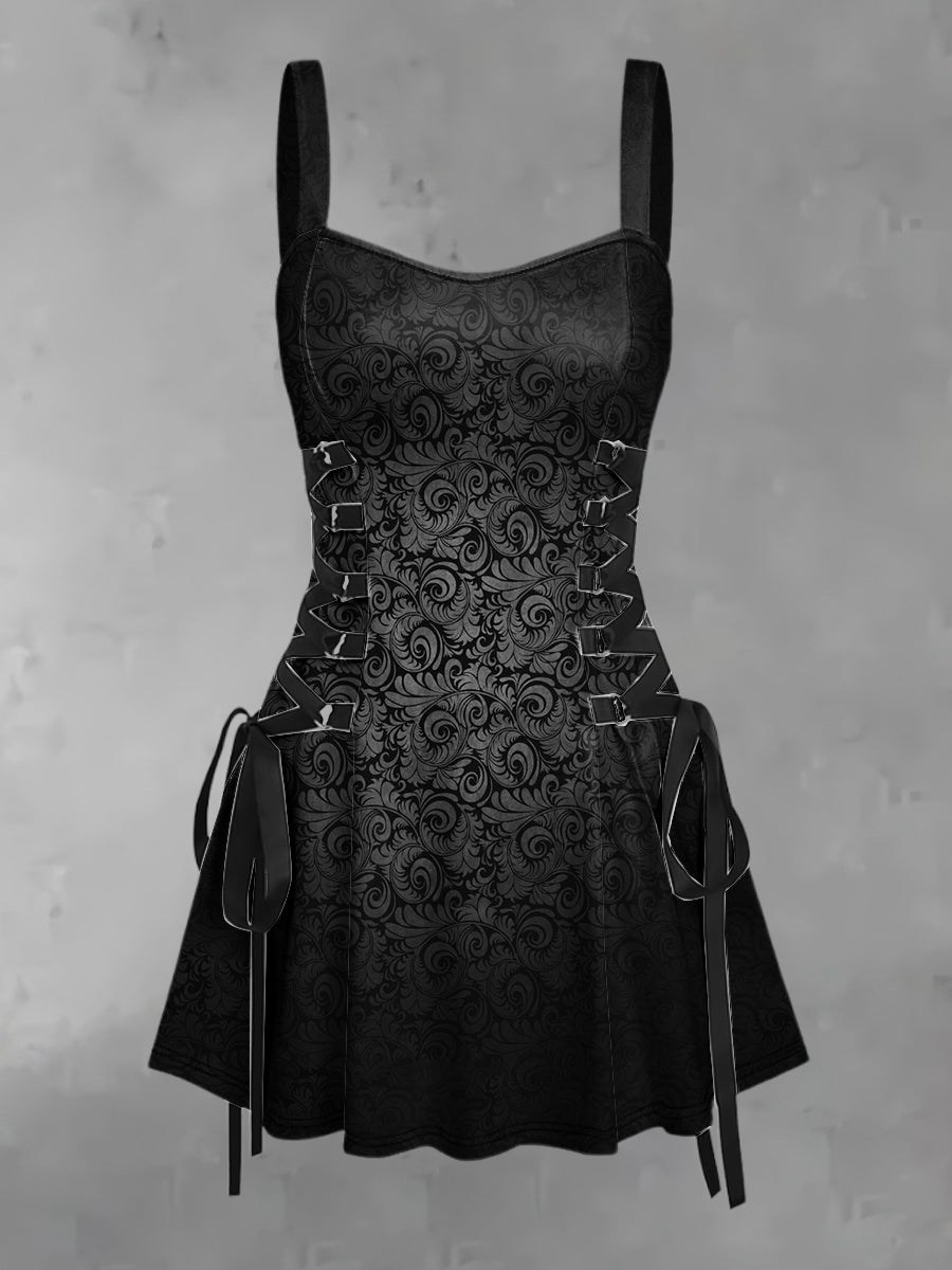 Damski Vintage Punk Gotycki Czarny Swirl Gradient Abstrakcyjna Sztuka Nadruk Z Paskiem Bez Rękawów Bez Rękawów Mini Sukienka