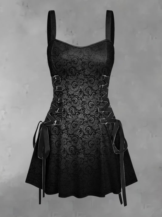Damski Vintage Punk Gotycki Czarny Swirl Gradient Abstrakcyjna Sztuka Nadruk Z Paskiem Bez Rękawów Bez Rękawów Mini Sukienka