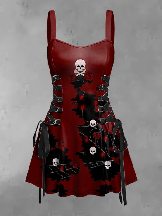 Damska róża w stylu vintage punk gotycka z czaszką abstrakcyjny nadruk z paskiem bez rękawów mini sukienka z ramiączkami
