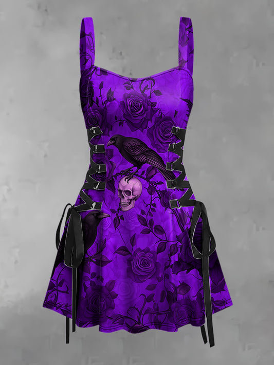 Damski Vintage Punk Gotycka Czaszka Kruk Kwiatowy Nadruk Bez Rękawów Sukienka Mini Strappy