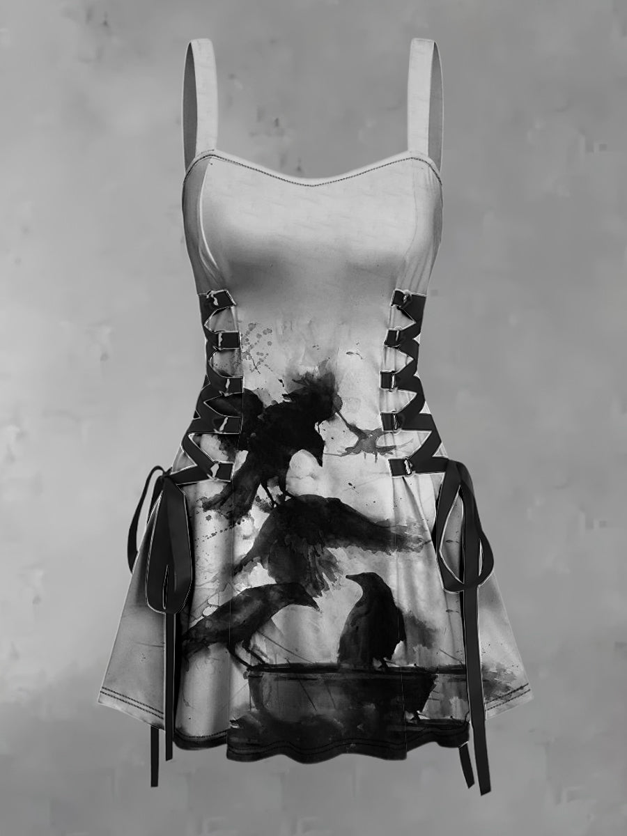 Damski Vintage Punk Ciemny Atrament Rysowanie Abstrakcyjna Sztuka Nadruk Z Paskiem Bez Rękawów Bez Rękawów Mini Sukienka