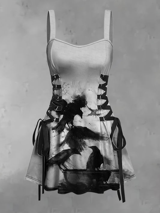 Damski Vintage Punk Ciemny Atrament Rysowanie Abstrakcyjna Sztuka Nadruk Z Paskiem Bez Rękawów Bez Rękawów Mini Sukienka