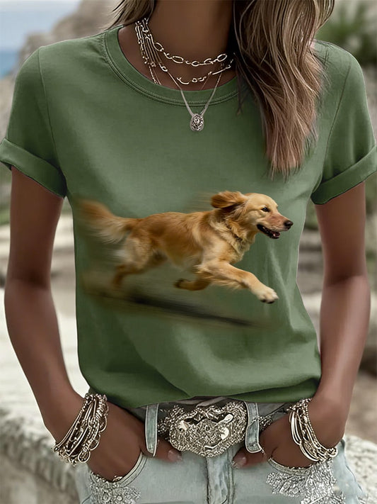 Retro Running Golden Retriever Casual Koszulka z krótkim rękawem