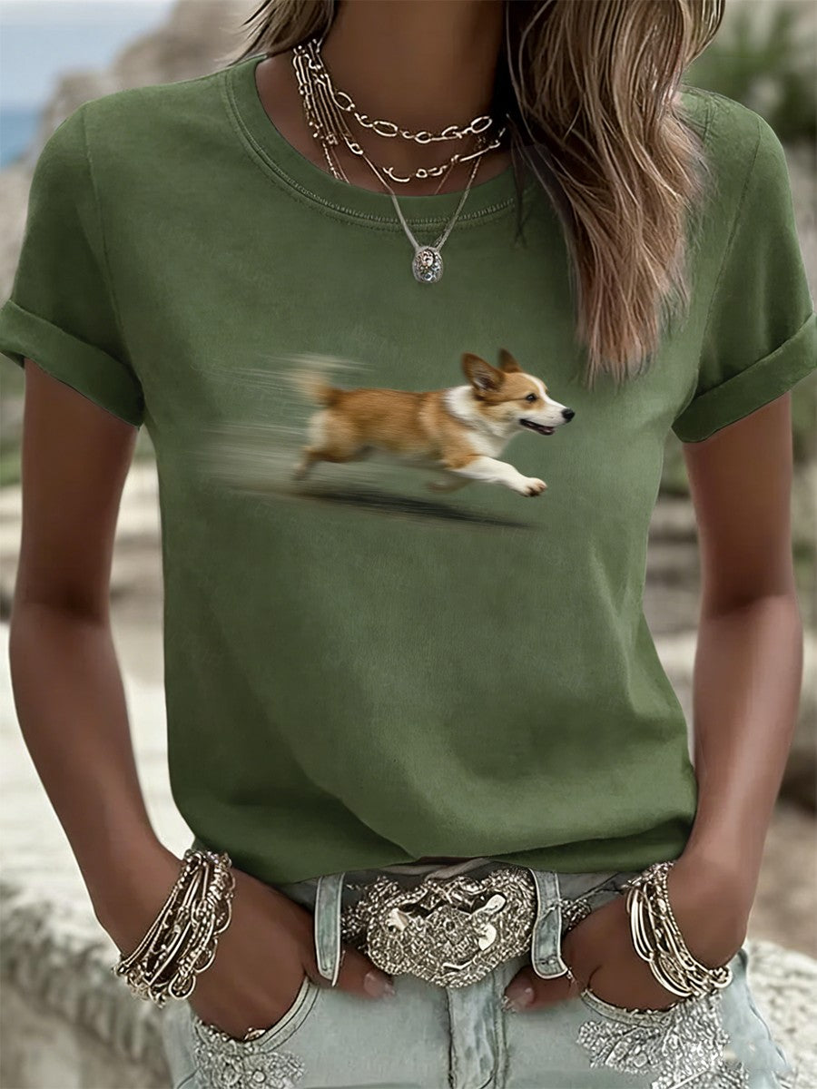 Retro Running Corgi Casual Koszulka z krótkim rękawem