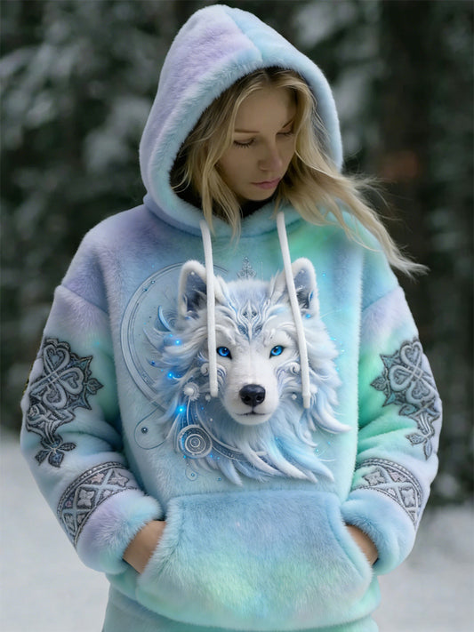 Damska vintage Viking Aurora Wolf Totem Casual Flanelowa bluza z kapturem
