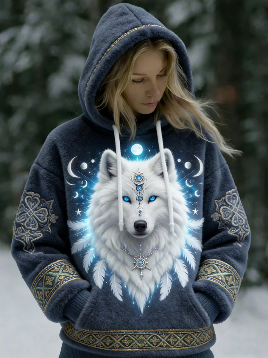 Damska vintage Viking Wolf Totem Casualowa flanelowa bluza z kapturem
