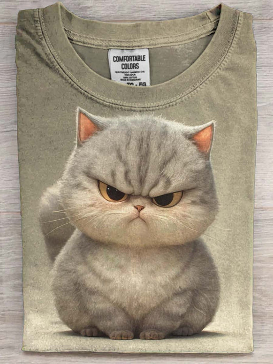 Angry Fat Cat Print Casual Koszulka z krótkim rękawem
