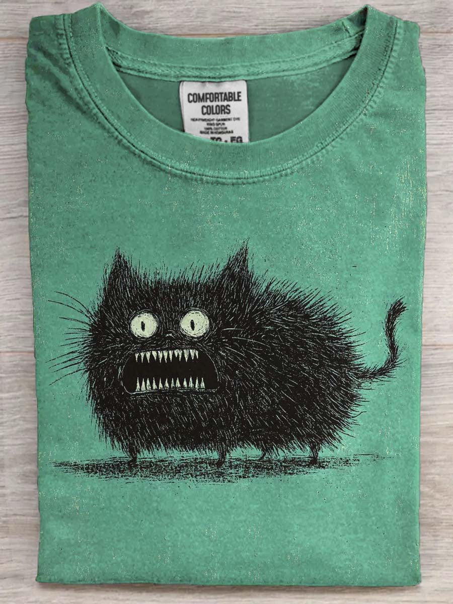 Furry Fierce Cat Print Casual Koszulka z krótkim rękawem