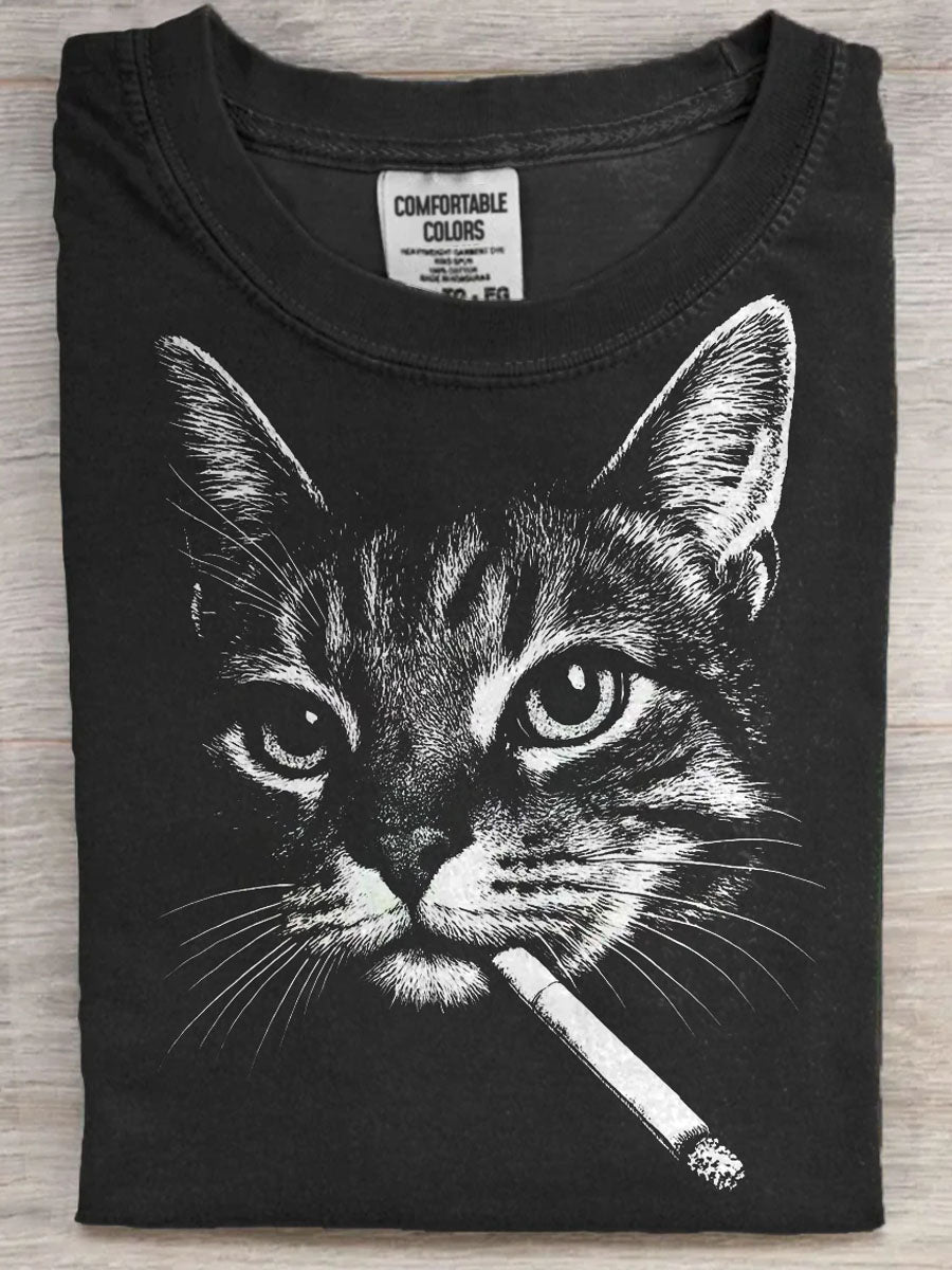 Funny Cat Smoking Print Casual Koszulka z krótkim rękawem